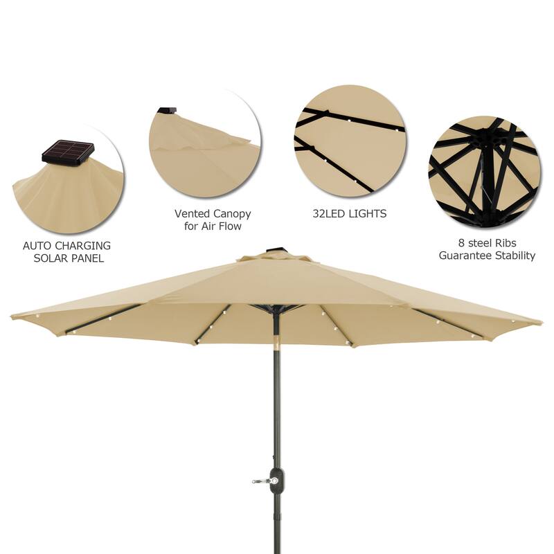 9Ft Patio Market Umbrella with 32 LED Round Solar