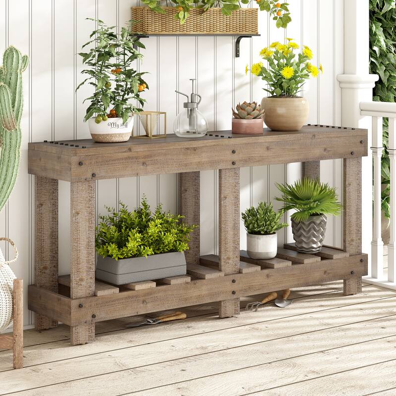 62.9" Vintage Entryway Table - Solid Cedar Wood with Natural Grain, 6 Reinforced Legs & 4.5" Thick Desktop