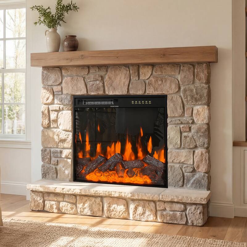 Black Electric Fireplace Insert, 1500W 110V Heater with 12-Color Flame, 5-Level Brightness, High/Low Heat Settings