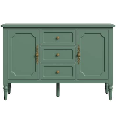 Green Storage Cabinet with 2 Doors & 3 Drawers, Buffet Cabinet with Adjustable Shelves and Turned Legs