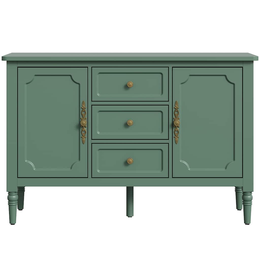 Green Storage Cabinet with 2 Doors & 3 Drawers, Buffet Cabinet with Adjustable Shelves and Turned Legs