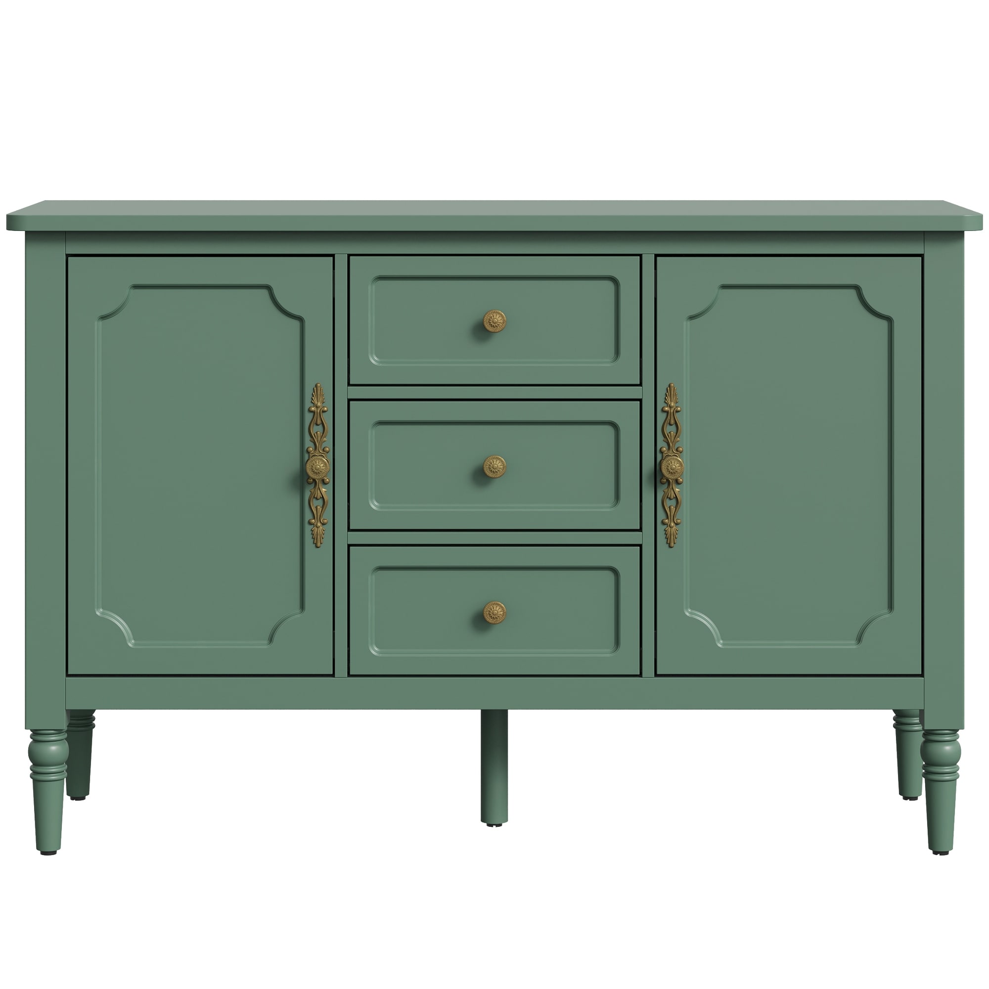 Green Storage Cabinet with 2 Doors & 3 Drawers, Buffet Cabinet with Adjustable Shelves and Turned Legs