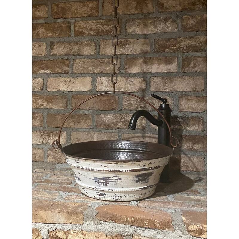 SimplyCopper 15" Round Copper Vessel Bucket Bathroom Sink with Antique White Exterior and Aged Copper Daisy Drain