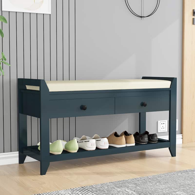 Entryway Storage Shoe Rack Bench with Cushioned Seat and Drawers