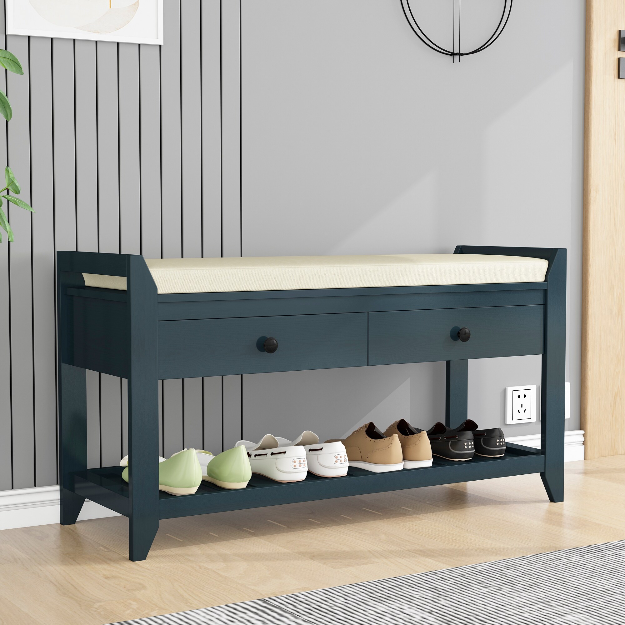 Modern Shoe Rack with Cushioned Seat and Drawers Bed Bath