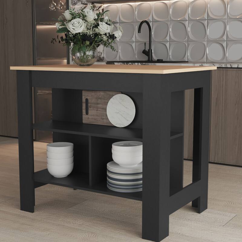 Spacious Kitchen Table Island, 3 Shelves, 35" High, Black & Light Oak Finish - Black