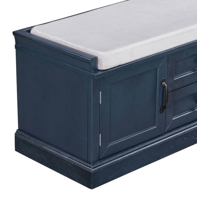 Storage Bench with 2 Drawers and 2 Cabinets, Shoe Bench with Removable Cushion for Living Room