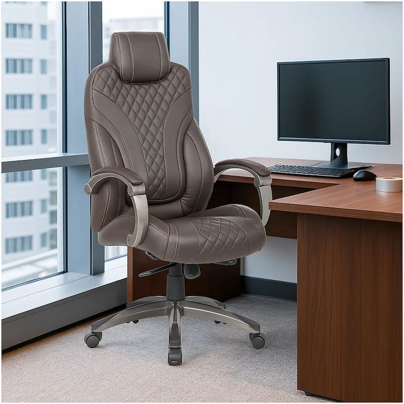 Kelly Rolling Executive Armchair, Brown Stitched-Back Faux Leather