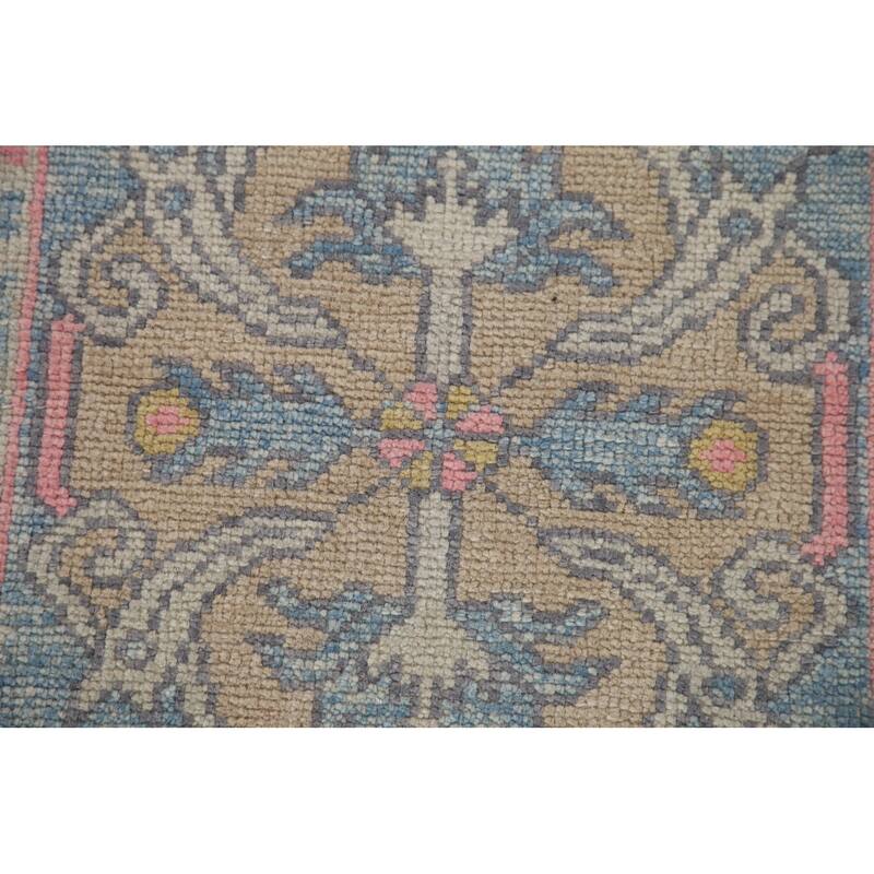 Handmade Vegetable Dye Oushak Turkish Runner Rug Blue Wool Carpet - 3'1"x 11'3"