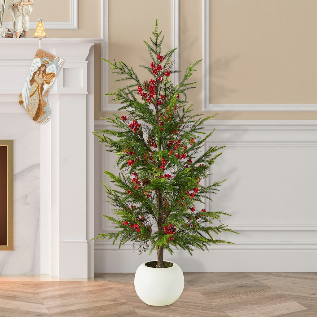 Glitzhome 37.5" H Artificial Greenery Potted Christmas Tree with Pinecones and Red Berries-Come With Free Santa Ornament