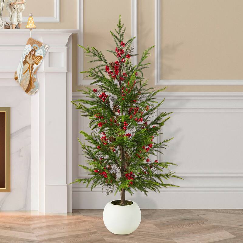 Glitzhome Christmas Greenery PE Dripping Pine Porch Tree with Pinecones and Red Berries - 1-Piece 3.1ft Greenery