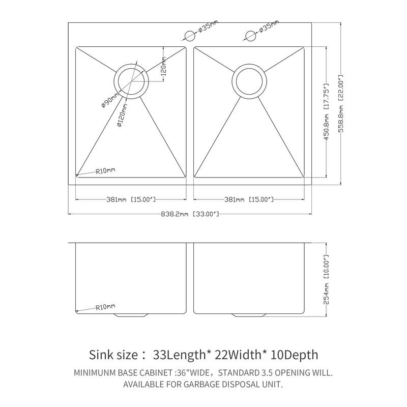 Double Bowl (50/50) Drop in Kitchen Sink 16 Gauge with Two 10" Deep Basin