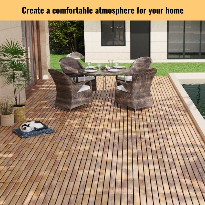 12"x12" Yellow Acacia Hardwood Deck Tiles, Interlocking Striped Pattern for Outdoor Patio, Pool
