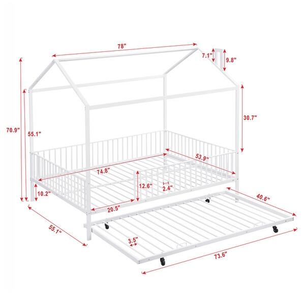 Full Size Metal House Bed with Fence and Trundle