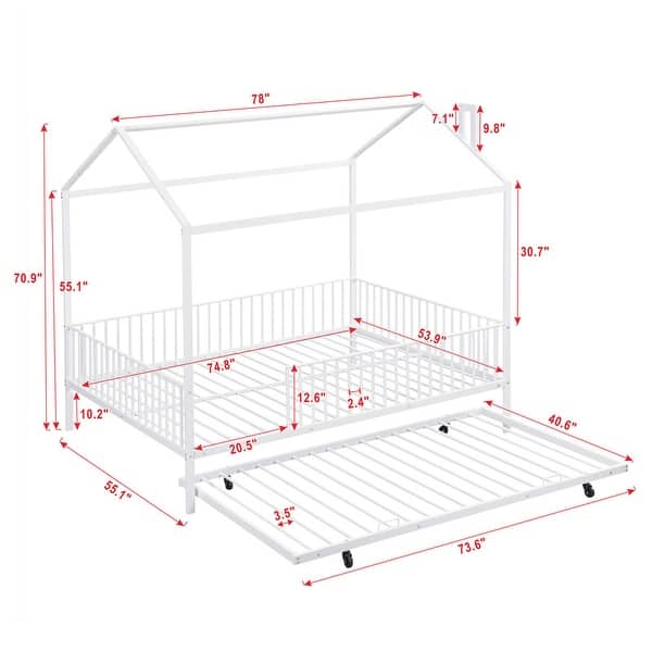 House-Shaped Metal Full Size House Bed with Fence and Twin Trundle