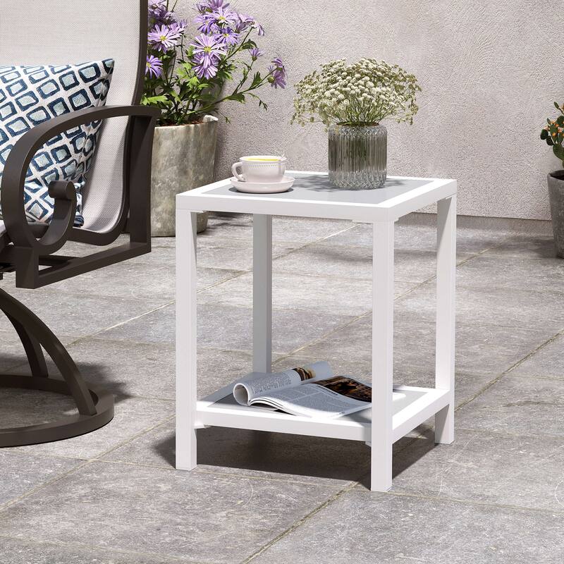 All Weather 2-Tier Patio End Table Outdoor Side Table Aluminum Frame - 15.75" L * 15.75" W * 19.68" H