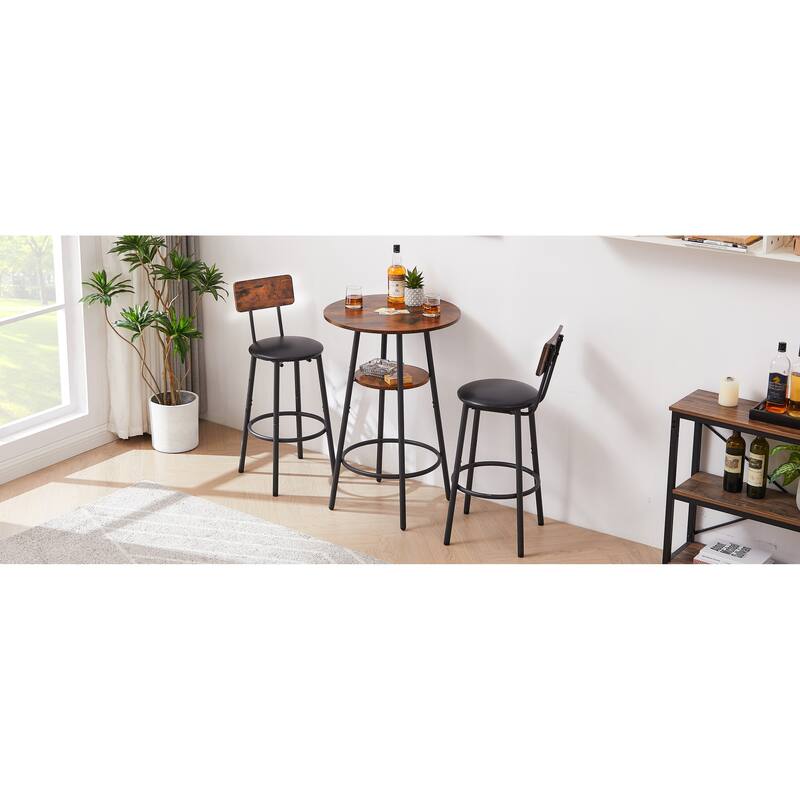 Round bar stool set with shelf, upholstered stool with backrest