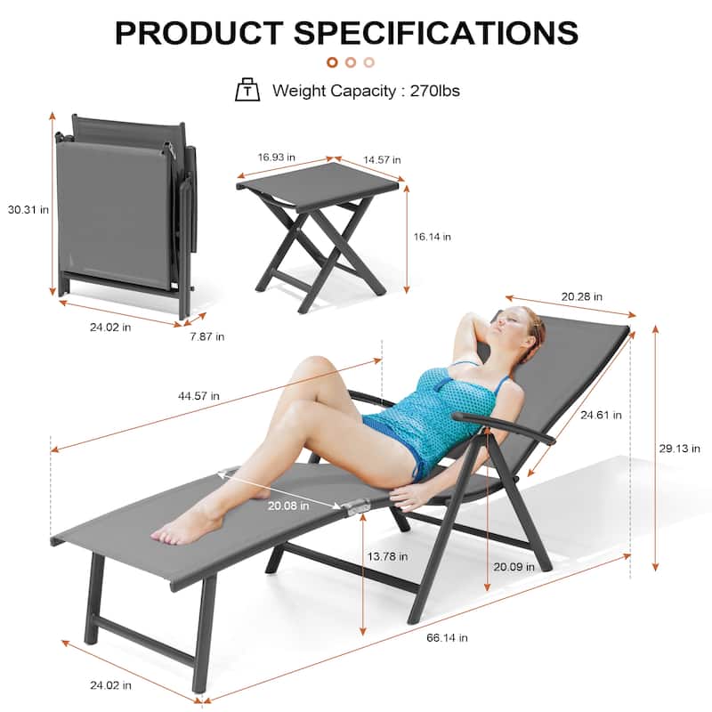 3-Pieces Outdoor Chaise Lounge Set Aluminum Adjustable Foldable Chaise Lounge Chairs and Side Table