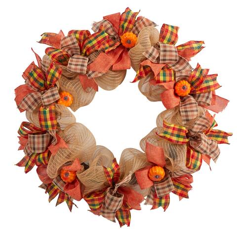 30" Autumn Pumpkin with Decorative Bows Artificial Fall Wreath - Green - 30