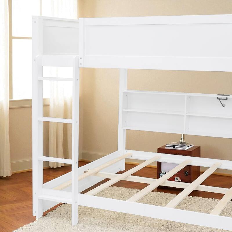 Queen over Queen Bunk Bed with Storage Cabinets, Guardrails and Built-in USB Charging Ports, Solid Wood Frame
