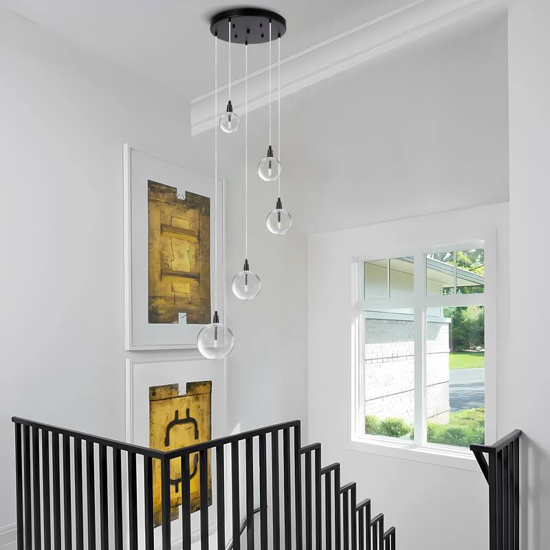 5 Light Nordic Cluster Orb Glass Pendant Lamp Adjustable Height Hallway Stairway - Black - Black