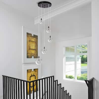5 Light Nordic Cluster Orb Glass Pendant Lamp Adjustable Height Hallway Stairway - Black