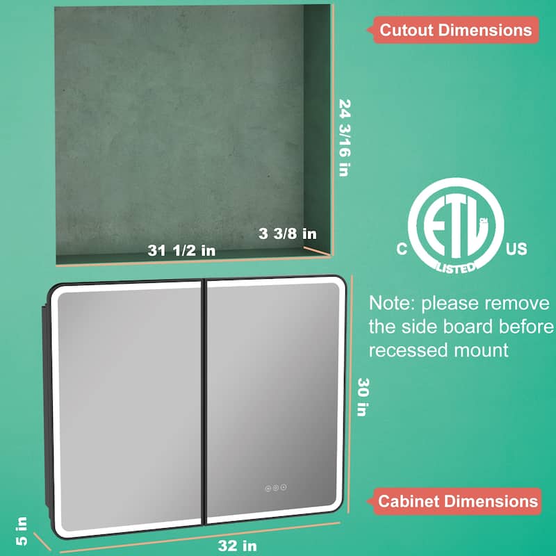 Milo LED Iron Medicine Cabinet with Mirror, Dimmable, Anti-fog, Adjustable Glass Shelves, Recessed or Surface Mount