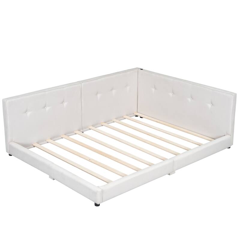 White Full Linen Low Platform Bed Frame with USB Ports and Semi-enclosed Design
