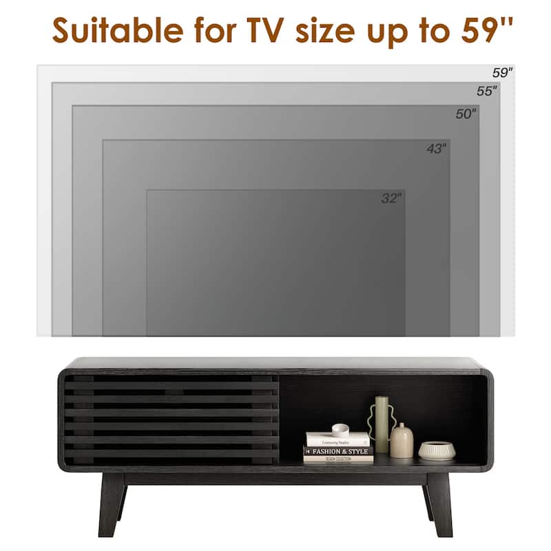 TV Stand for TV Up to 59 Inch, Entertainment Center with Storage Cabinet and Sliding Door, Mid-Modern Century Console Table