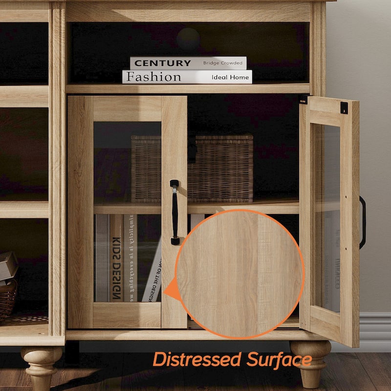 Buffet Cabinet with Glass Doors, Oak Kitchen Cabinet with Storages