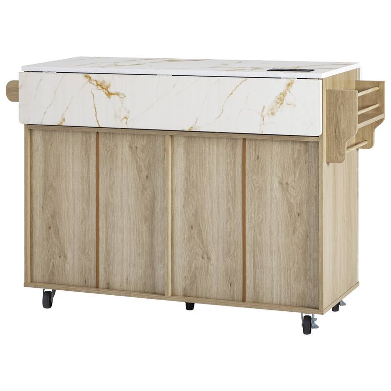 55.5" Fluted Kitchen Island with 2 Drop Leaf and Power Outlet