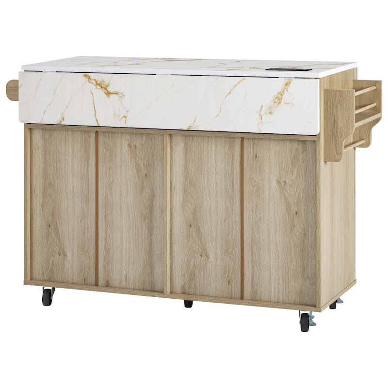 Fluted Kitchen Island with 2 Drop Leaf, 4 Doors Rolling Island Table, Kitchen Storage Cart with Power Outlet and Spice Rack