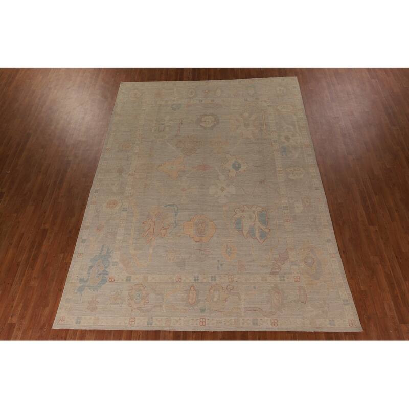 Vegetable Dye Oushak Area Rug Handmade Beige Wool Carpet - 8'11" x 12'0"