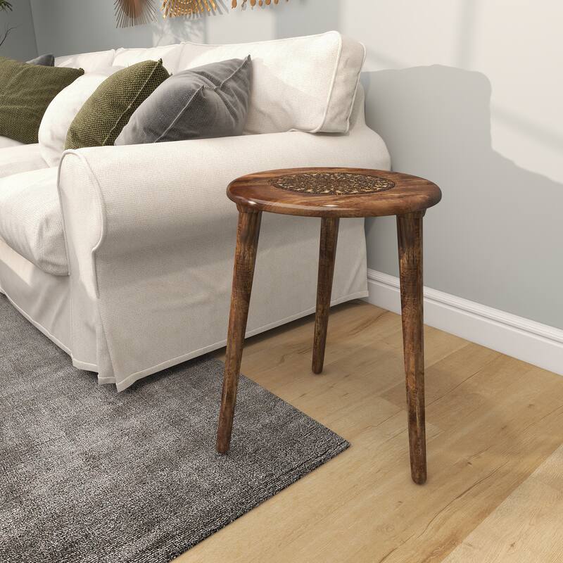 Mango Wood Handmade Intricately Carved Floral Accent Table with Tripod Legs - Dark Brown, White, Brown