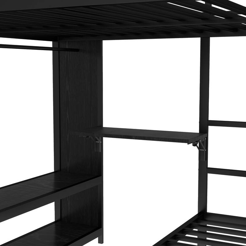 Queen over Twin Bunk Bed with Built-in Wardrobe, Metal Bunk Bed with Trundle, Foldable Desk, Ladders, Noise-reduced design