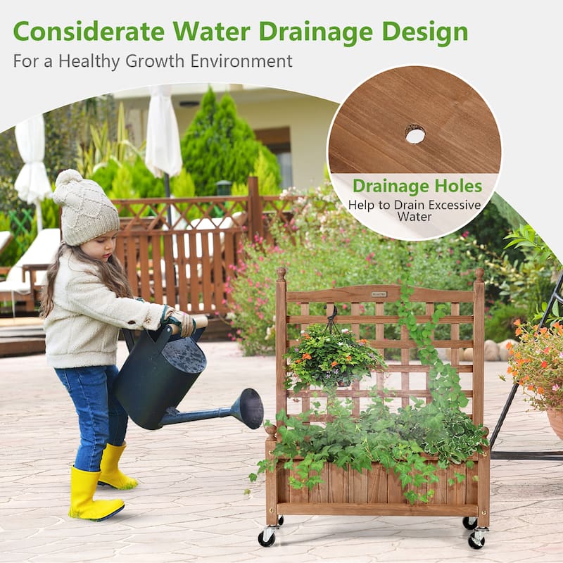 Mobile Plant Raised Bed Wood Flower Box with Lattice Trellis