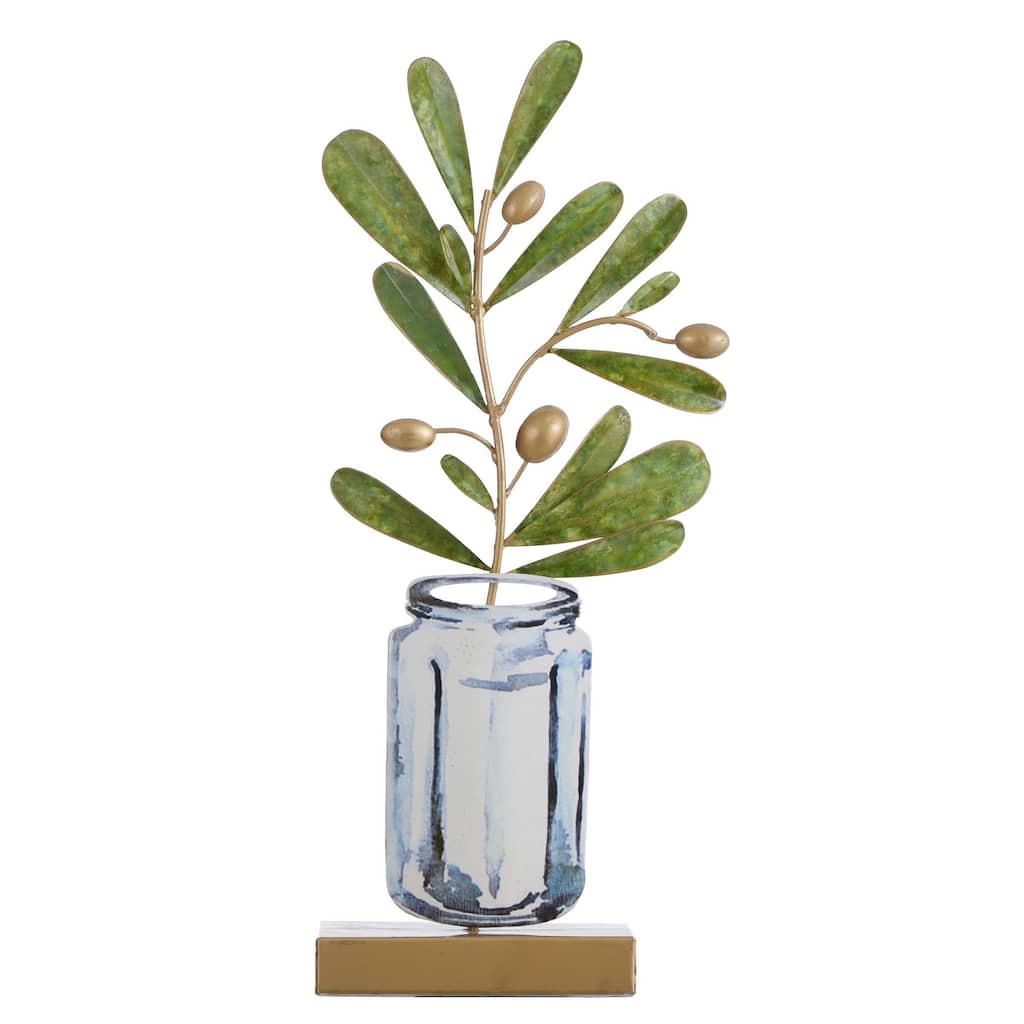 Planted Stem Metal Table Top Art of Green Plant Stem with Gold Buds in Jar - 3"D x 10"W x 20"H - 3"D x 10"W x 20"H