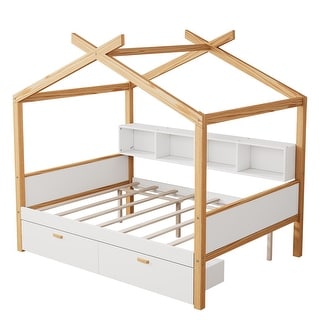 Wooden House Bed Wood Color Frame with 2 Drawers and Bookshelf Storage Space