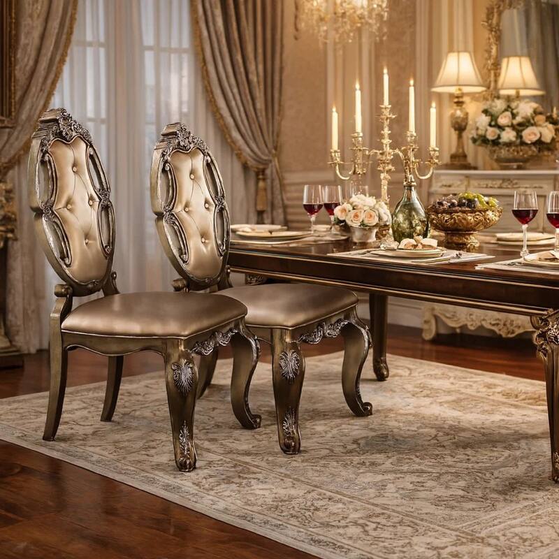 26 Inch Dining Chair, Faux Leather, Set of 2, Champagne Gold