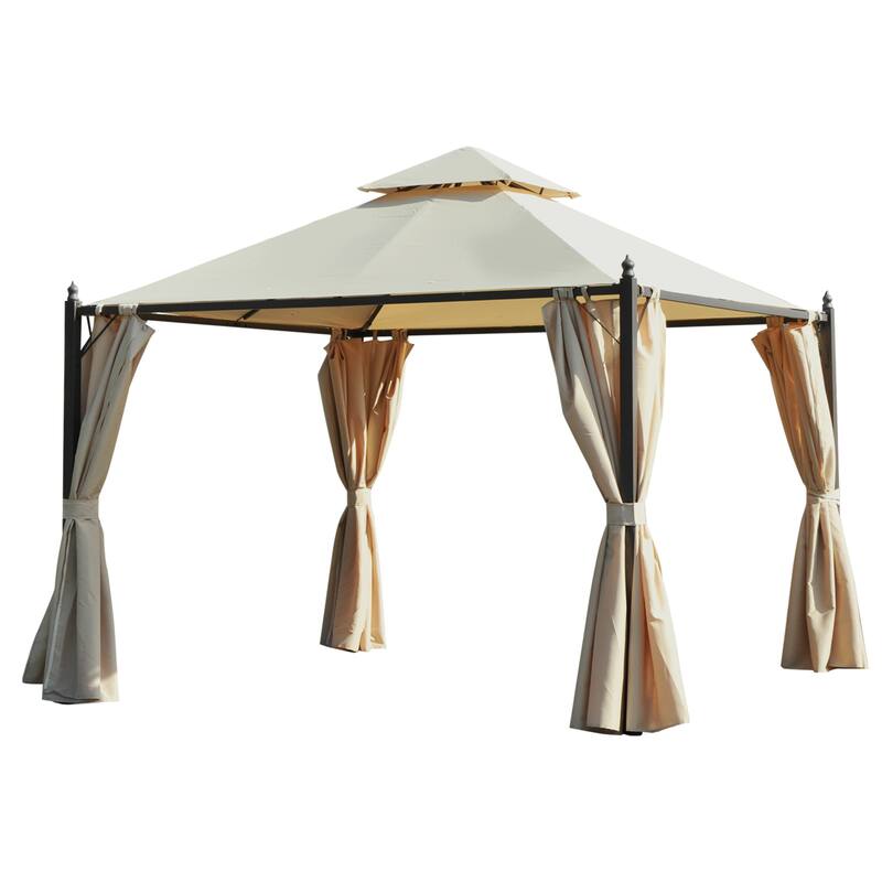 10' x 10' Steel Outdoor Patio Gazebo with Privacy Curtains & Two-Tier Roof - Beige