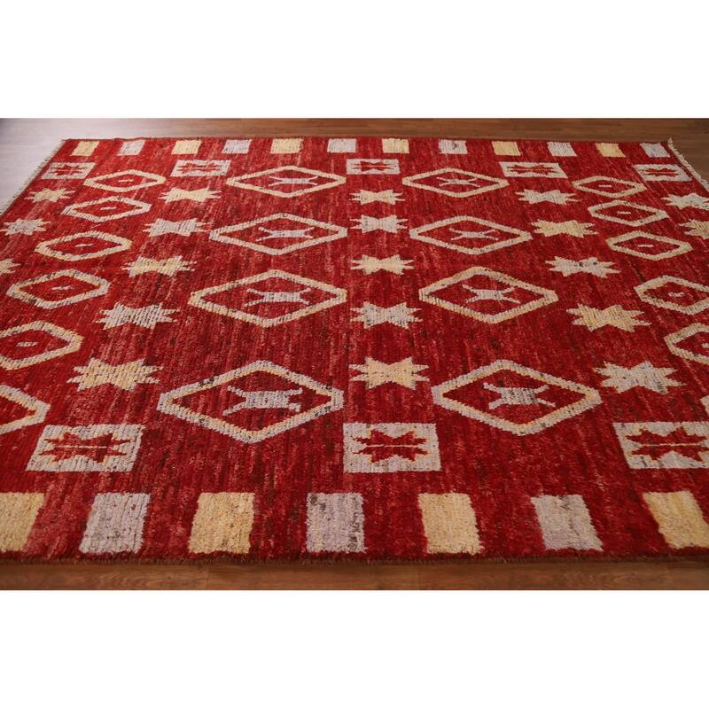 Hand Knotted Oriental 100% Wool Carpet Modern Tribal Red Moroccan Area Rug - 9' 8'' X 6' 10''