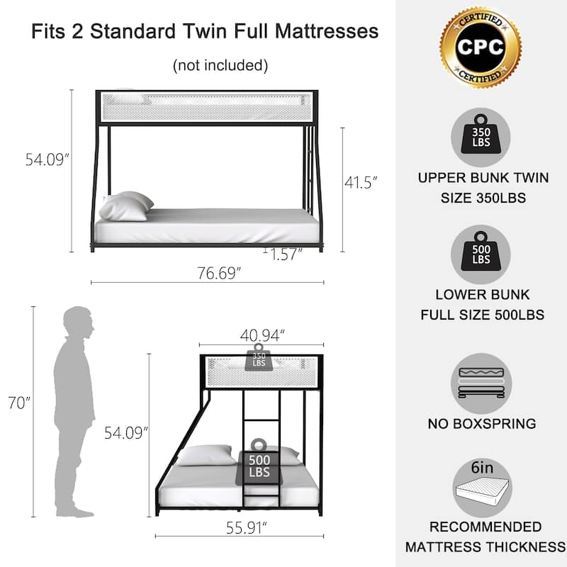 Twin Full Bunk Bed Metal Black with White Mesh Guard Rail，Low Profile and Easy Climbing with Stable Ladder