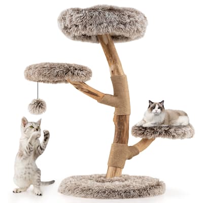 4-Level Cat Tower with Cozy Plush Perches and Natural Wood Base Jute Scratching Posts for Cats