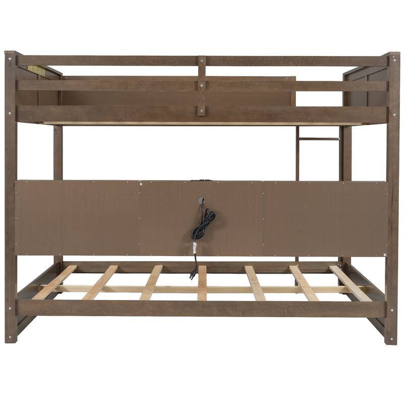Queen over Queen Bunk Bed with Storage Cabinets, USB Ports, Antique Wood Finish