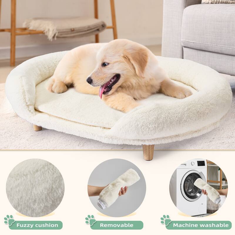 Pet Beds for Medium Dogs and Cats, Foam Sofa with Removable Plush Cover, Wooden Legs with Anti-Slip Pads