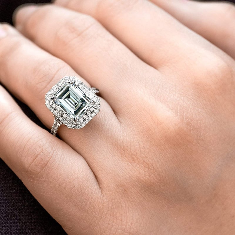 Annello by Kobelli 14K Gold Large Emerald Double Halo Forever One Moissanite and Diamond Ring(DEF/VS, GH/I)
