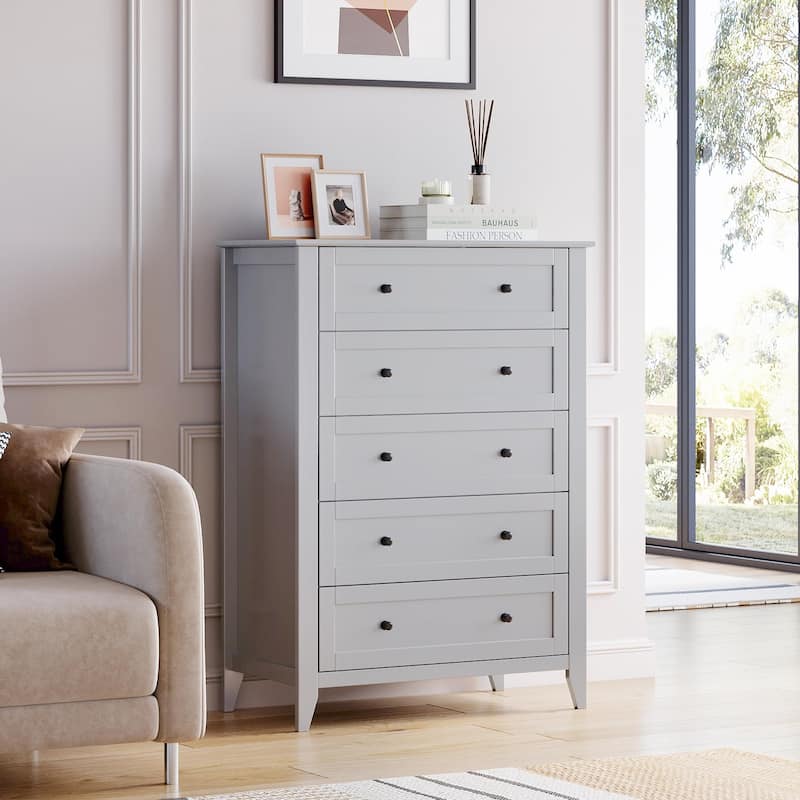 White 5 Chest of Drawer Dresser, Modern Tall Nightstand with Deep Drawers and Nickel Round Handle