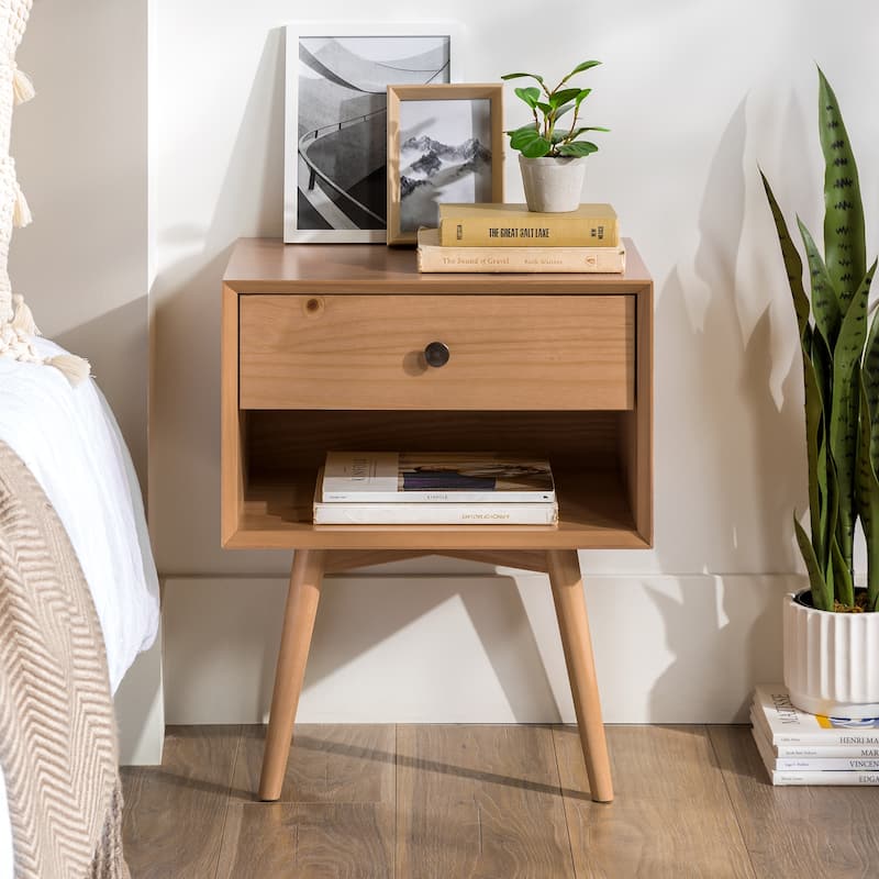 Mid-Century Modern Single-Drawer Solid Wood Nightstand for Living Room, Bedroom and Office
