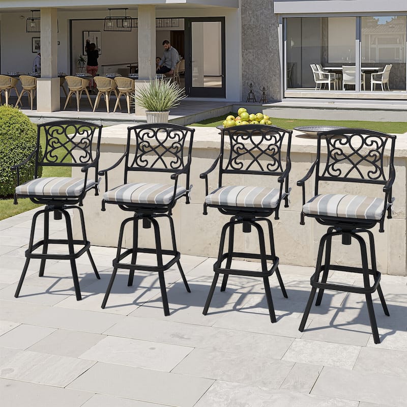 Set of 2/4 Outdoor Cast Aluminum Swivel Bar Stools with Sunbrella Fabric Cushion