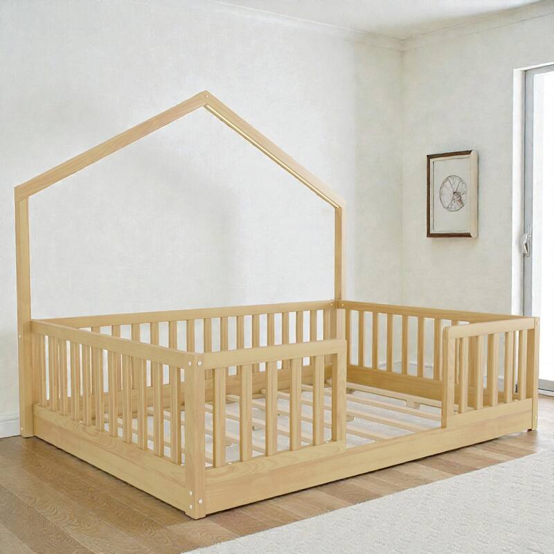 Wood Floor Bed with High Guardrails and LED Light, Montessori Style Low Profile Bed for Kids